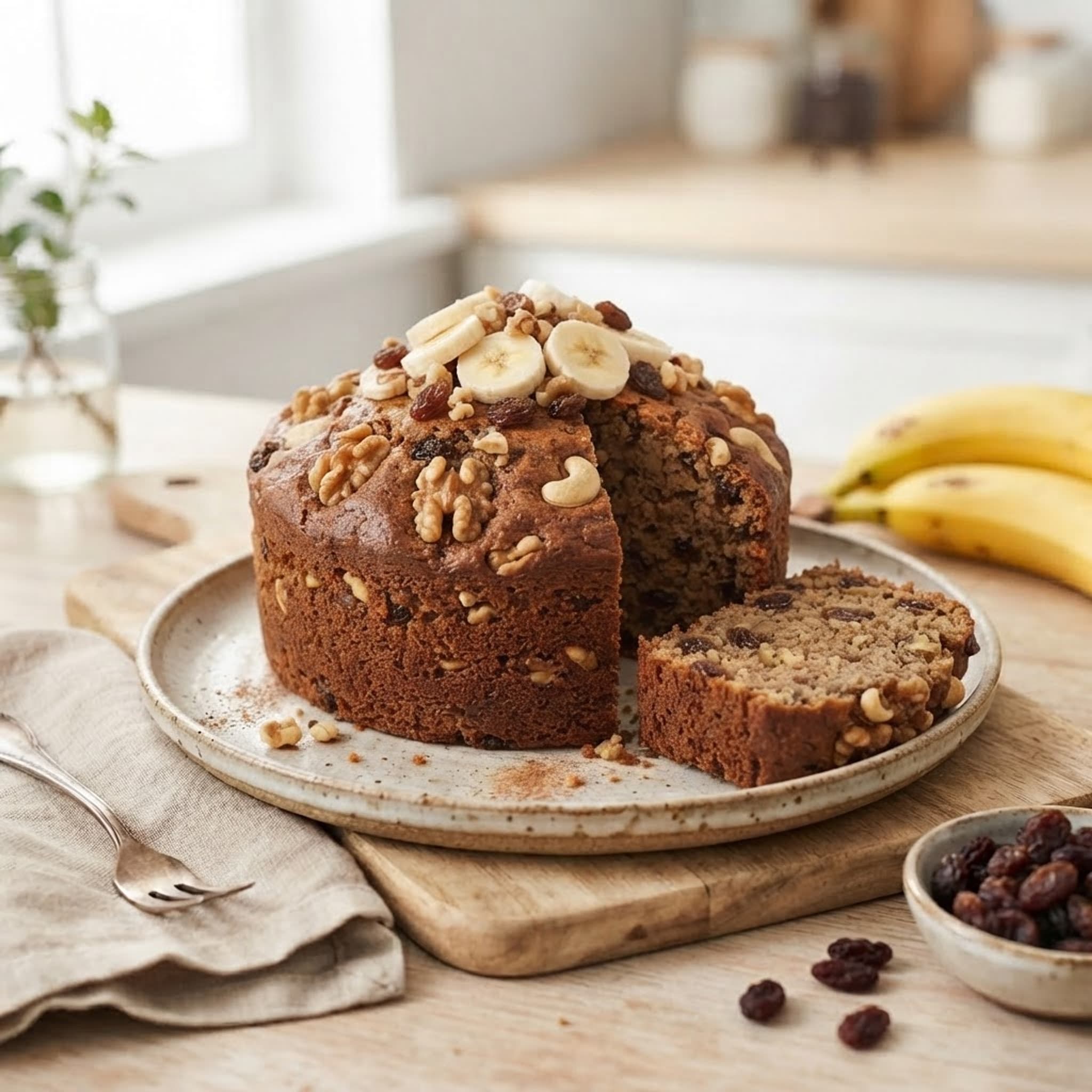 Bolo de banana e uva passas (fatia)