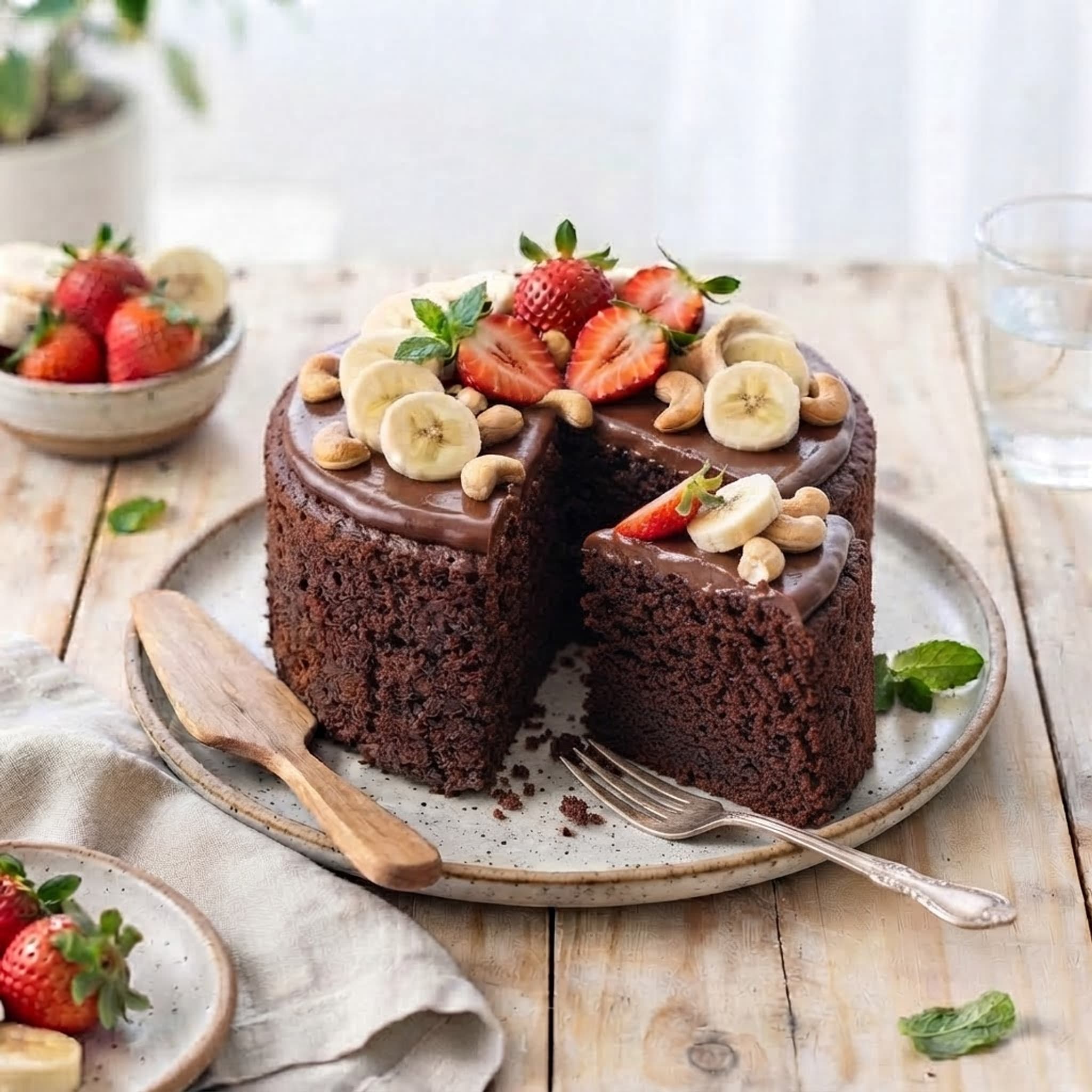 Bolo de chocolate 70% com banana e morango