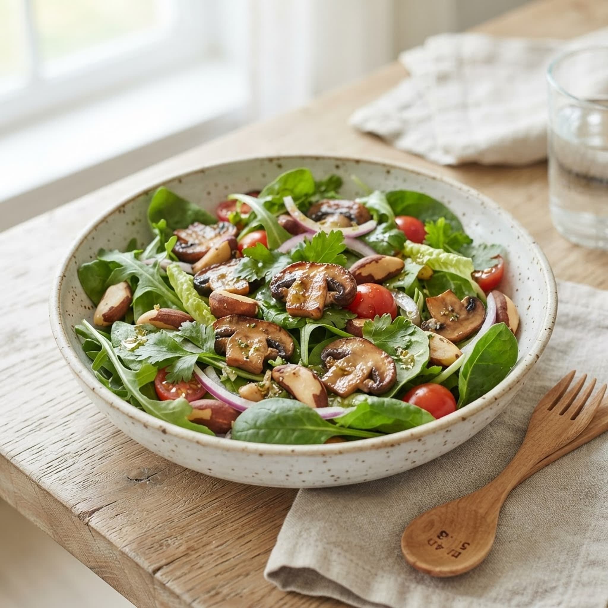 Salada de folhas com cogumelos