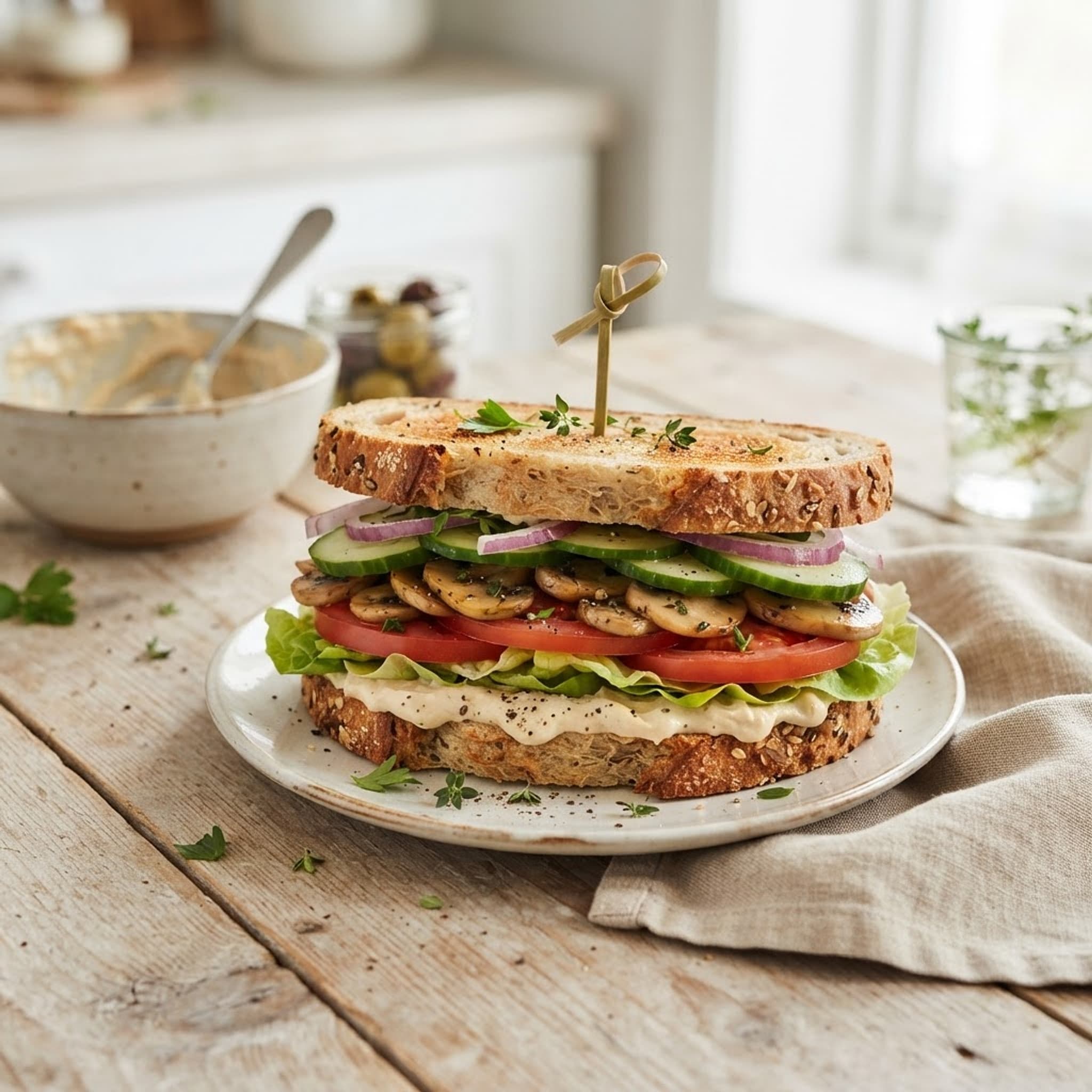 Sanduíche vegano com cogumelos